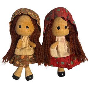 Wooden Rag Doll Magnets Lot of 2 Wood Head Yarn Hair Fabric Vintage Handmade 4"